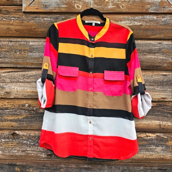 Collective Concepts Bright Stripe Colorful Half Sleeve Button Up Chiffon Blouse - Picture 5 of 11